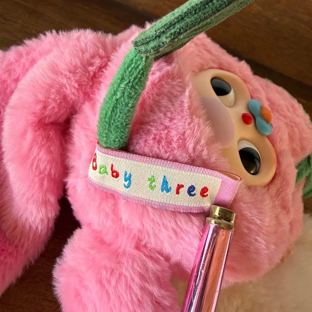 Baby Three Pink Bunny Plush Vinyl Face Doll Green Overalls Kawaii Art Toy